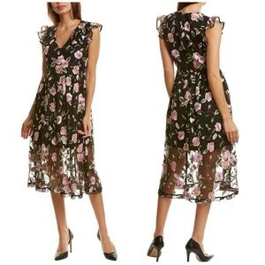 NWT Crosby By Mollie Burch Floral Black Sheer Overlay Embroidered Midi Dress 6